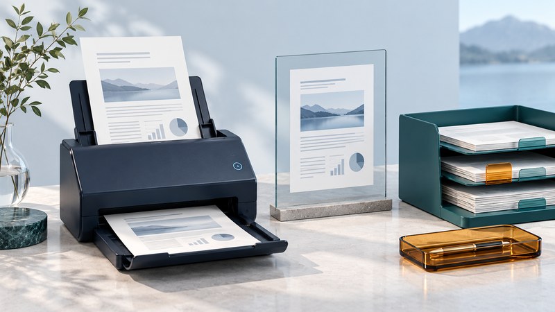 A navy sheet-fed scanner sits beside a glass scanned-page panel and a teal document tray with one amber review tab.