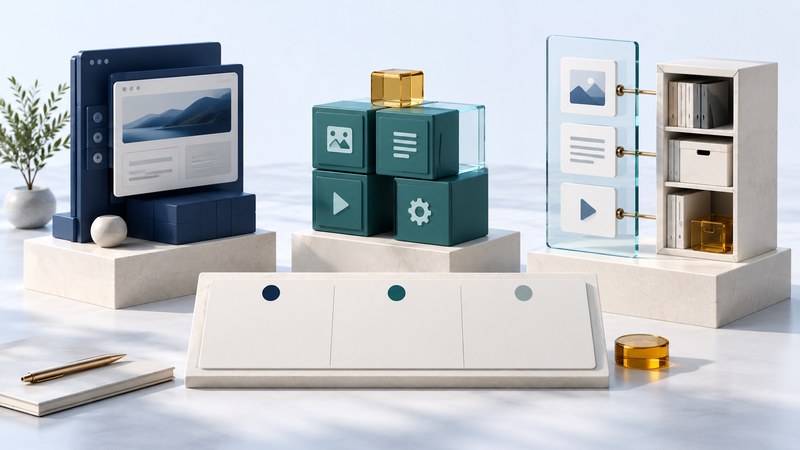 Three modular publishing models stand on ivory plinths behind a blank comparison board and amber selection token.