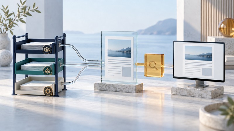 Three supported department trays connect to one glass template frame, inspection panel and publishing display.