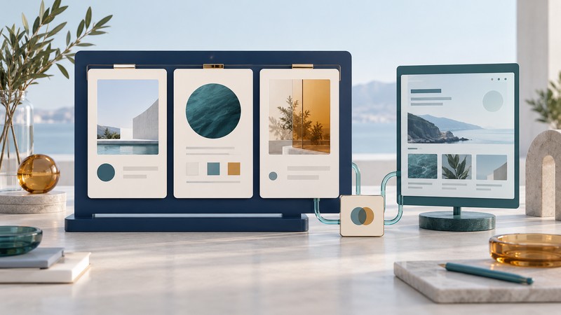 Ivory content cards fit into a navy template frame beside a finished teal page panel and a shared contact tile.