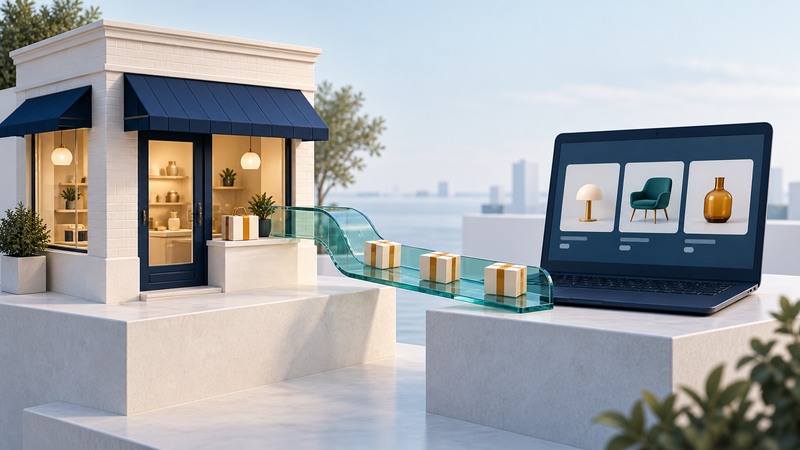 An ivory storefront and a navy laptop are linked by a teal glass channel carrying small parcels.