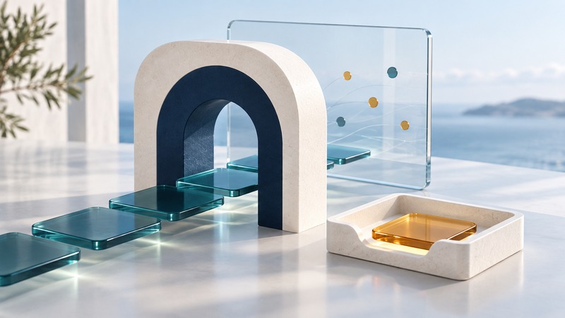 Teal route tiles pass through a navy gateway while an amber tile rests in a separate review tray.