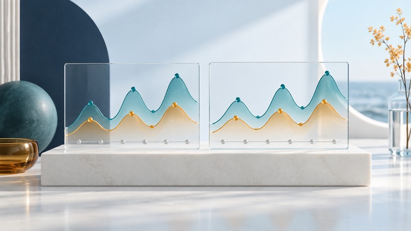 Two glass panels show conceptual teal and amber seasonal curves.