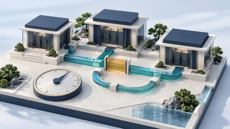 Three server pavilions connect through teal channels with an amber gate, a bypass path and an unnumbered timing dial.