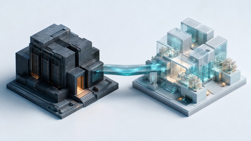 A luminous teal bridge connects a dark legacy server structure to modular glass buildings.