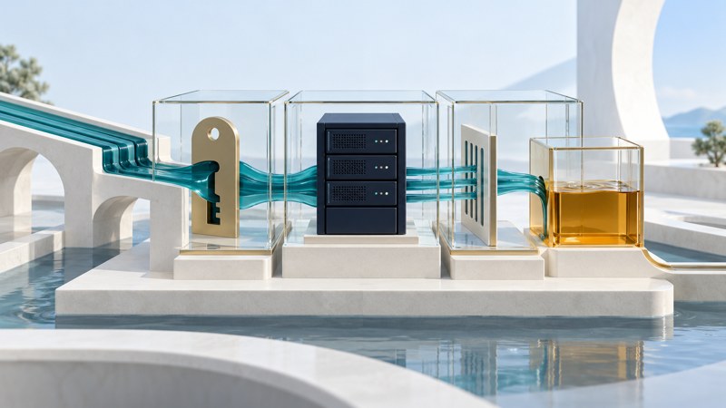 A miniature server stands between a key-shaped gate, a slotted panel and a bounded amber reservoir.
