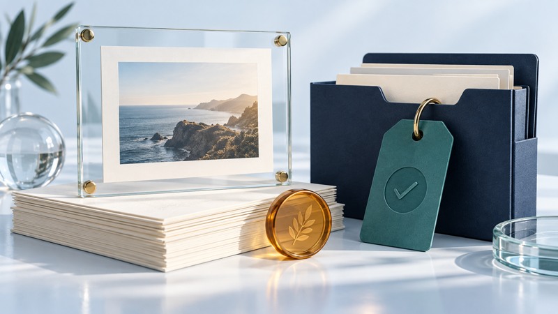 A framed image stands beside publication records and a permission tag.