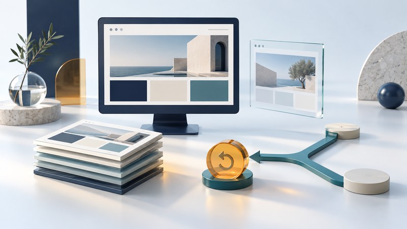 A navy website display and glass preview panel stand beside saved page versions and a branching teal path with an amber return marker.