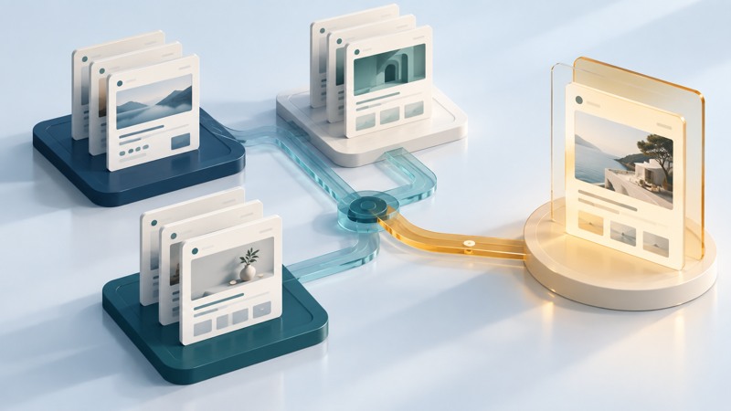 Groups of miniature webpage cards connect through teal paths to an amber destination.