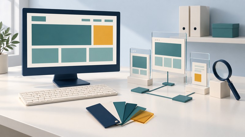 A navy monitor with an abstract webpage layout beside connected glass page models, color swatches and a magnifying glass.