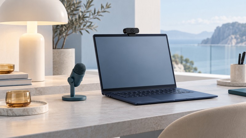 A navy laptop has a webcam clipped to its top bezel beside a soft lamp and teal desktop microphone.