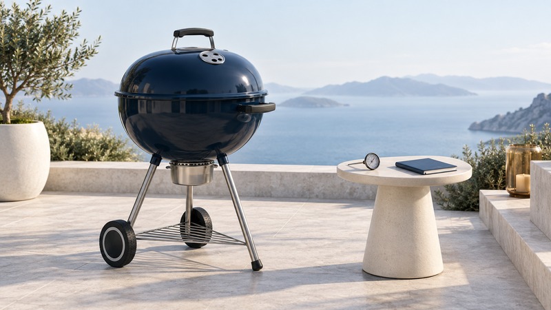 A closed navy kettle grill on an open stone terrace beside a thermometer and notebook.