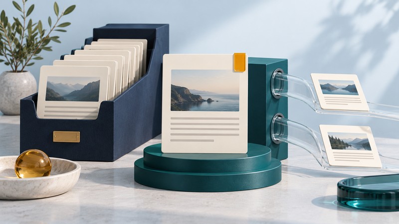 Ivory post cards stand in a chronological navy archive, with matching cards moving along glass feed channels.