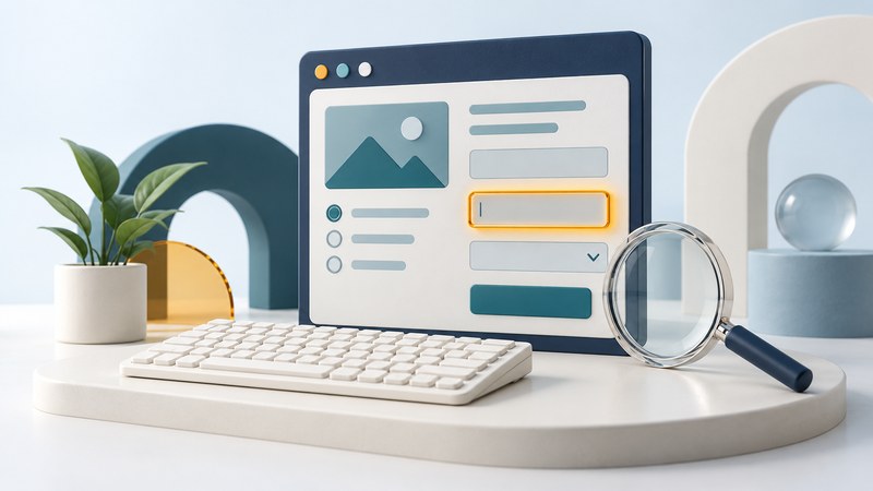 An ivory keyboard faces a navy browser panel with an amber focus outline beside a glass magnifying lens.