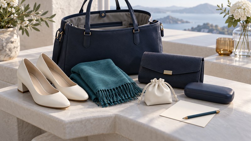 Ivory block-heel shoes, a teal wrap, navy clutch, glasses case and small pouches arranged with a carry bag.