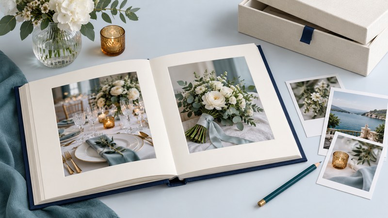 An open navy wedding photo album with two detail photographs, loose prints, a pencil and a storage box.