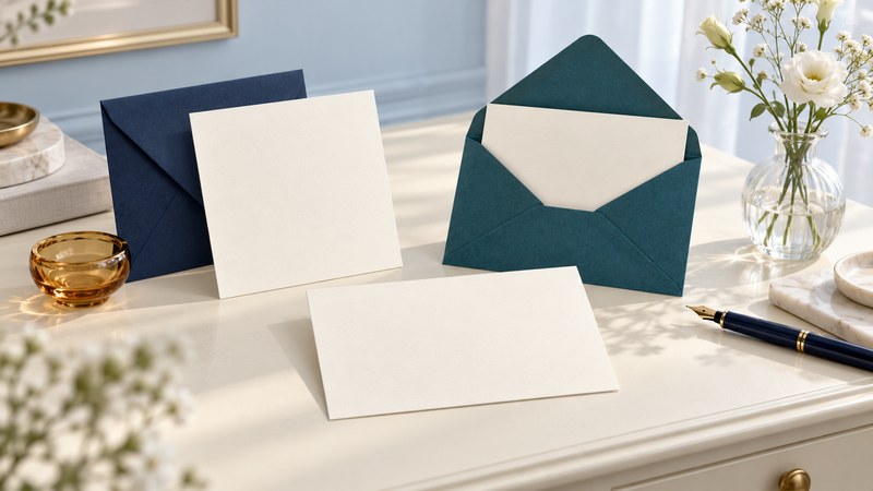 Ivory announcement cards, navy and teal envelopes, a pen and white flowers on a pale table.