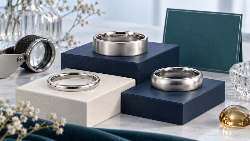 Three silvery wedding bands with different widths and finishes on navy and ivory display blocks beside a loupe.