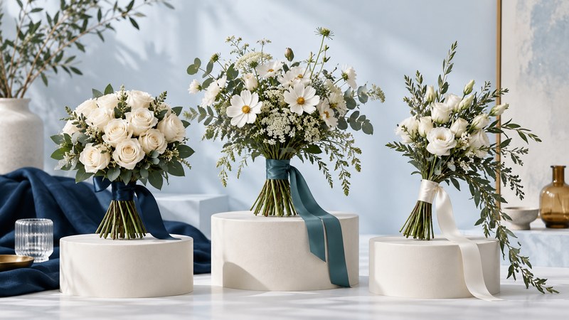 Three ivory and green bouquets in compact, airy and trailing shapes on ivory pedestals, with navy, teal and ivory ribbons.