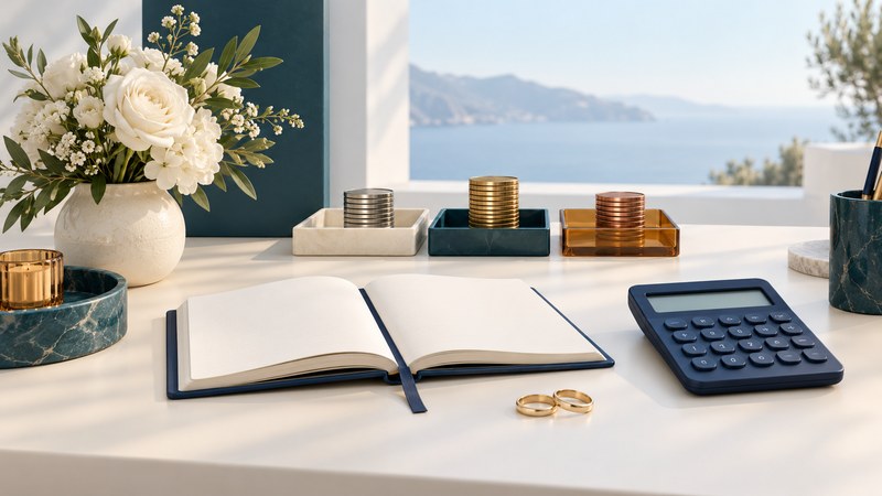A blank notebook, navy calculator and three stacks of tokens beside flowers and wedding rings.