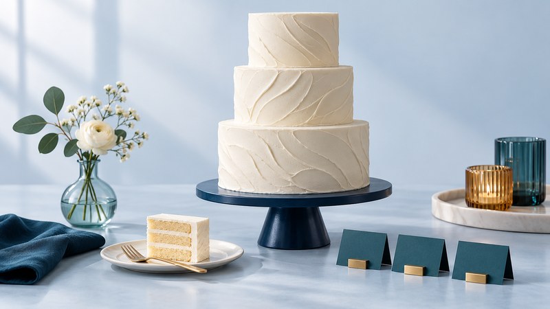 A three-tier ivory cake on a navy stand beside a tasting slice, blank cards and a separate bud vase.