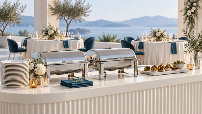 Two closed catering dishes, plates, teal napkins and small appetizers on an ivory counter with reception tables behind.
