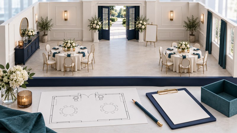 A miniature reception room with two decorated tables and a blank welcome easel, with a planning clipboard and box in front.