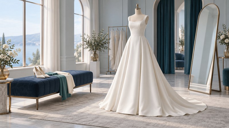 An ivory wedding dress on a tailor's mannequin beside a navy bench, shoes, fabric swatches and a mirror.