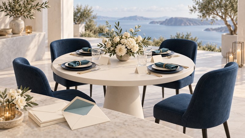 An ivory reception table with four navy chairs, teal place settings and blank place cards beside invitation envelopes.