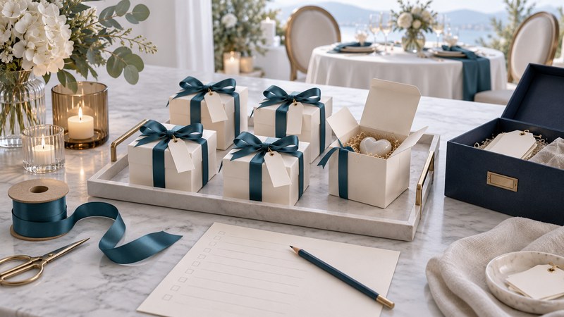 Ivory favor boxes with teal ribbons, one open keepsake box, a ribbon roll and a blank planning sheet.