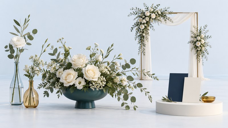 Low ivory flowers in a teal vessel with smaller bud vases and a ceremony arch behind.