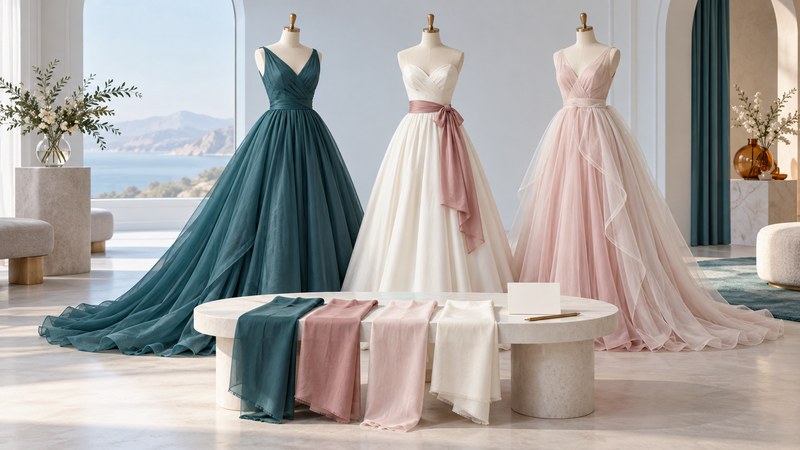 Three mannequin gowns in teal, ivory with a rose sash, and blush beside a table of fabric swatches.