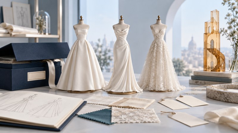 Three ivory gowns on dress forms beside fabric swatches, archive boxes, blank tags and an amber glass tower.
