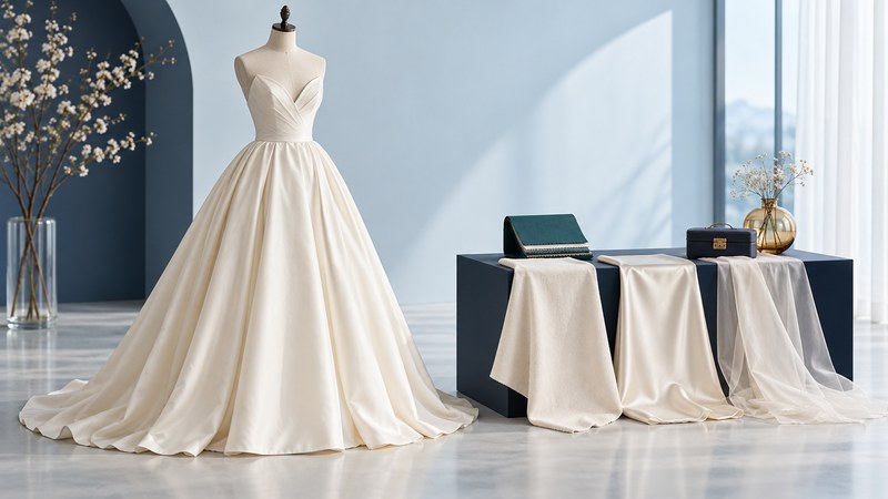 An ivory gown on a dress form beside draped fabric samples, a swatch folder and a sewing box.
