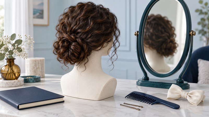 A mannequin with a loose curly low bun beside a mirror, comb, hairpins, ribbon and blank notebook.