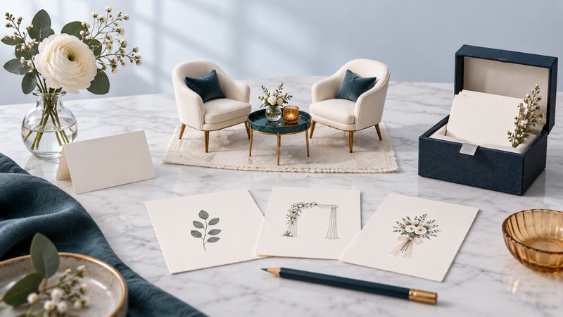 A welcome card, miniature conversation seating and a keepsake box arranged with idea cards and a pencil.