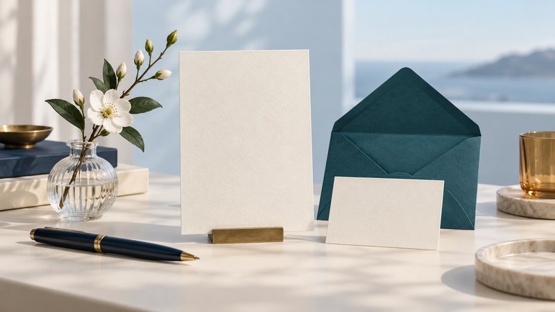 Blank ivory invitation and reply cards beside a teal envelope, navy pen and white flowers.