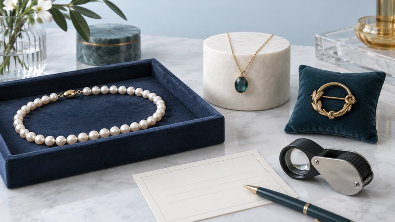 A pearl necklace in a navy tray beside a teal gemstone pendant, gold brooch, loupe and blank record card.