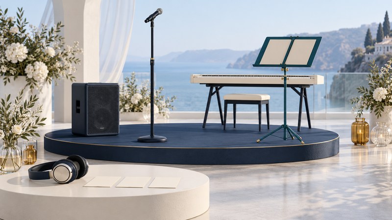 A microphone, speaker, ivory keyboard and teal music stand on a navy platform, with headphones and blank cue cards in front.