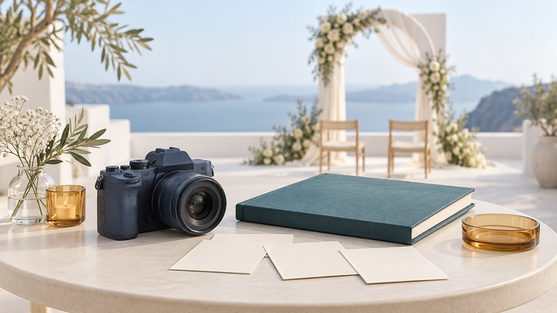 A navy camera, teal album and blank prints beside a miniature wedding ceremony setting.