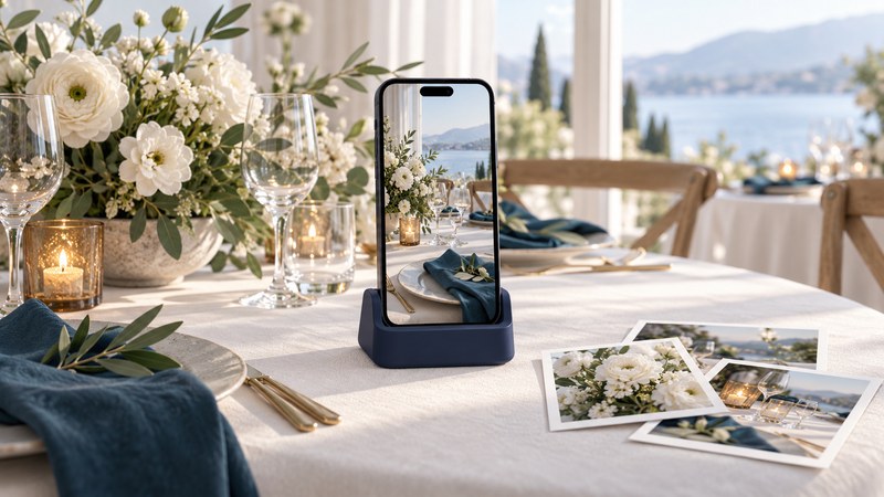 A phone on a small support frames flowers on a sunlit terrace, with loose photographs on the table.