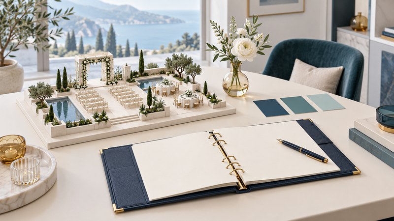 An open navy planning binder beside a miniature wedding venue, color swatches and white flowers.