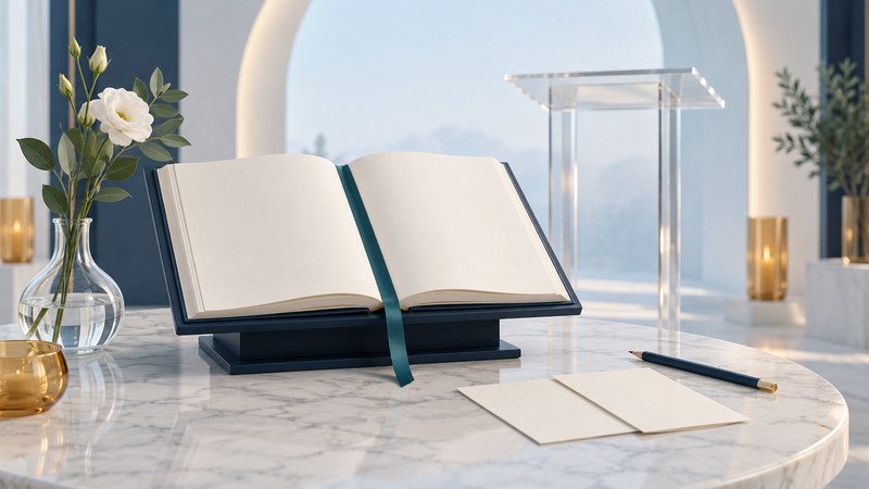 An open blank book on a navy reading stand beside a teal bookmark and blank ceremony cards.