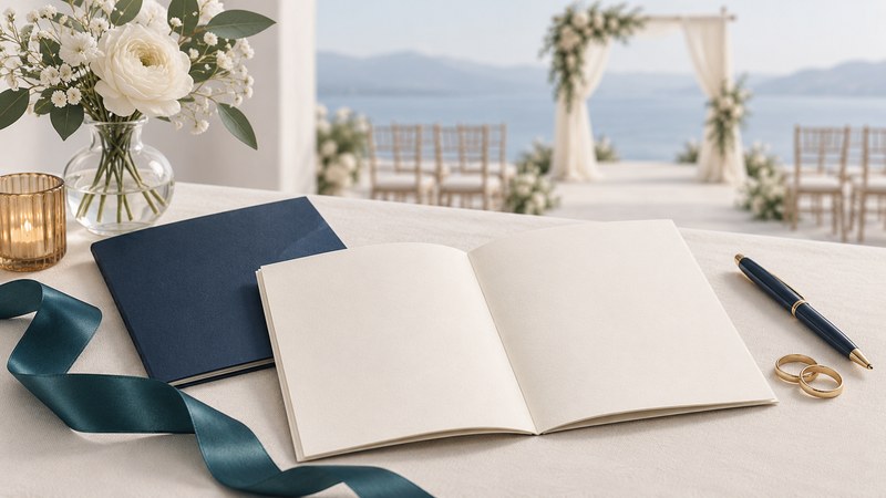 An open blank ceremony booklet with a navy cover, teal ribbon, wedding rings and a ceremony setting behind it.