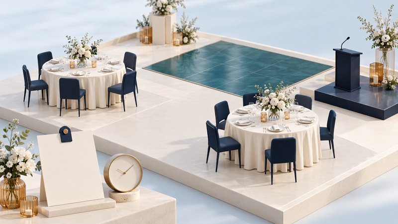 A miniature reception with two round tables, a teal dance floor, a lectern and a blank schedule card.