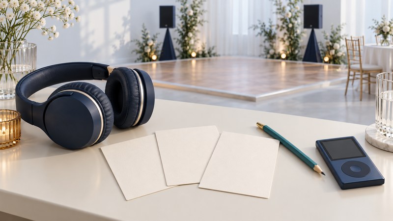 Navy headphones and blank playlist cards beside a music player, with a miniature dance floor and speakers behind.