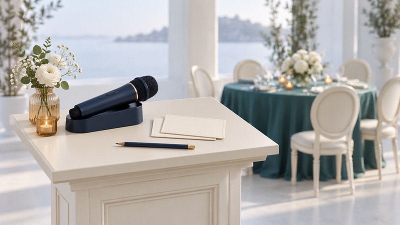 A navy microphone and blank speech cards on an ivory lectern with a reception table behind.