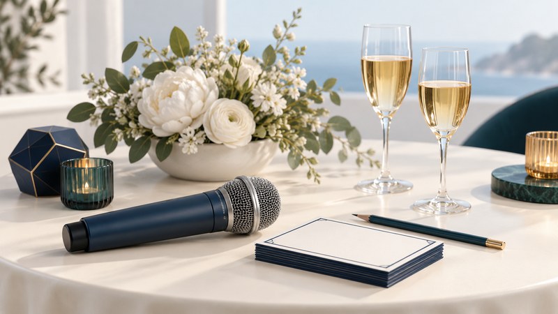 A microphone, blank cue cards and two glasses of amber drinks beside a small flower arrangement.