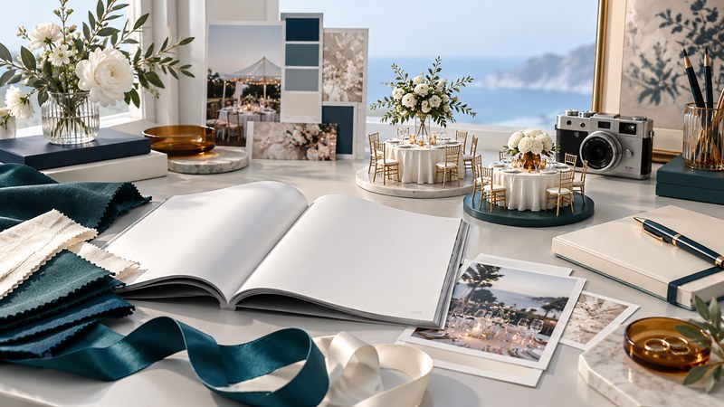 A blank magazine, fabric swatches, ribbon, miniature reception tables and a camera on an archive desk.