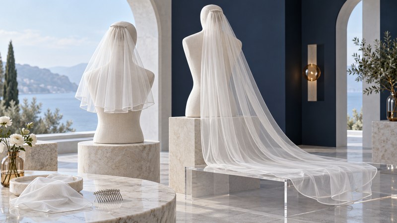 Short and long ivory veils draped over neutral mannequin forms beside combs and fabric samples.